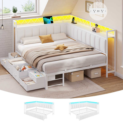 DICTAC | Corner Bed Frame with 6 Storage Drawers, Upholstered Guardrail, Charging Station, Storage Shelves & LED Lights, Modern Platform Daybed for Kids, Teens & Adults, White