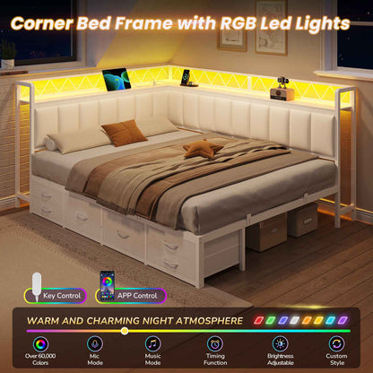DICTAC | Corner Bed Frame with 6 Storage Drawers, Upholstered Guardrail, Charging Station, Storage Shelves & LED Lights, Modern Platform Daybed for Kids, Teens & Adults, White