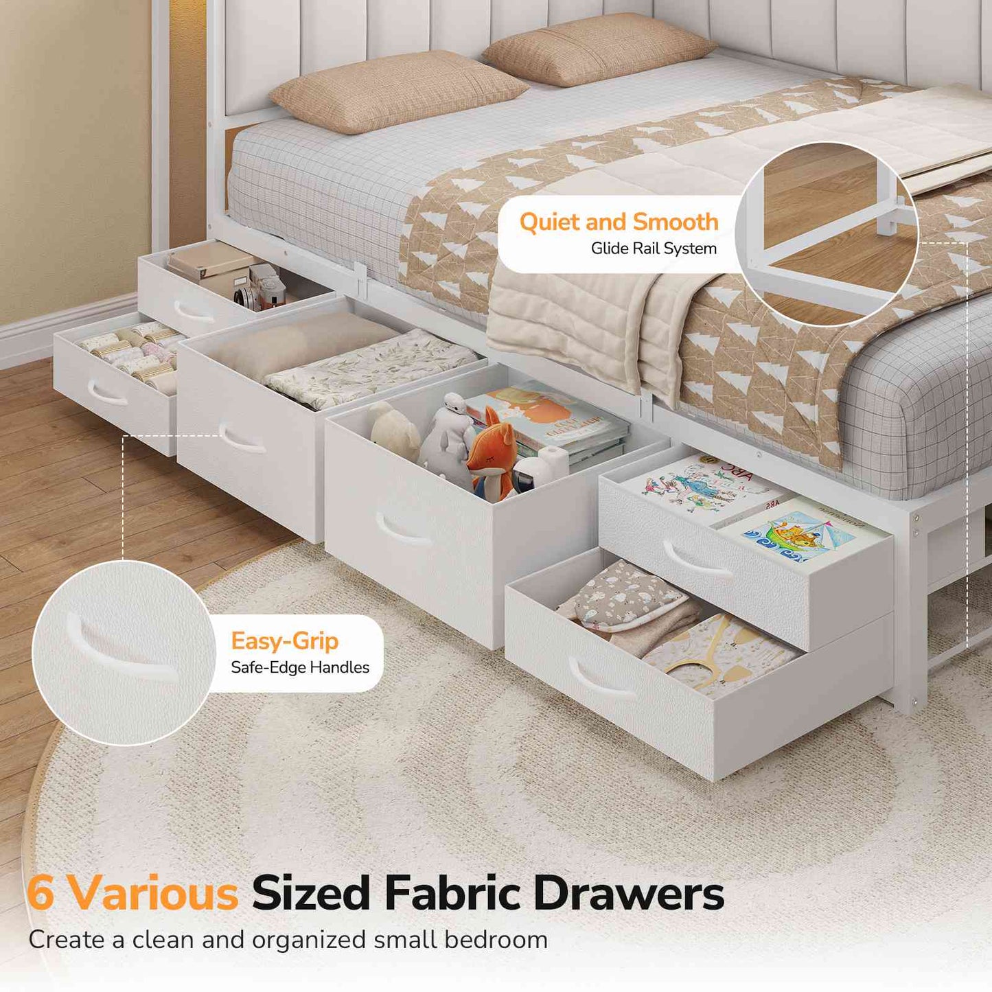 DICTAC | Corner Bed Frame with 6 Storage Drawers, Upholstered Guardrail, Charging Station, Storage Shelves & LED Lights, Modern Platform Daybed for Kids, Teens & Adults, White