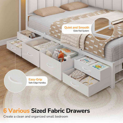 DICTAC | Corner Bed Frame with 6 Storage Drawers, Upholstered Guardrail, Charging Station, Storage Shelves & LED Lights, Modern Platform Daybed for Kids, Teens & Adults, White