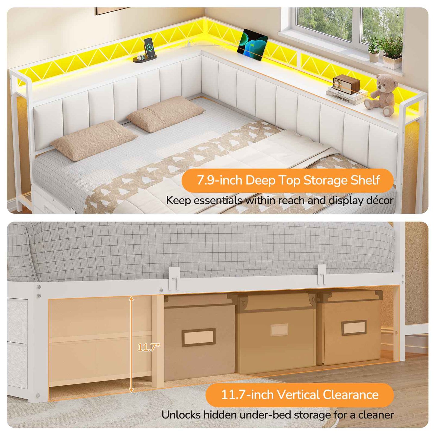 DICTAC | Corner Bed Frame with 6 Storage Drawers, Upholstered Guardrail, Charging Station, Storage Shelves & LED Lights, Modern Platform Daybed for Kids, Teens & Adults, White