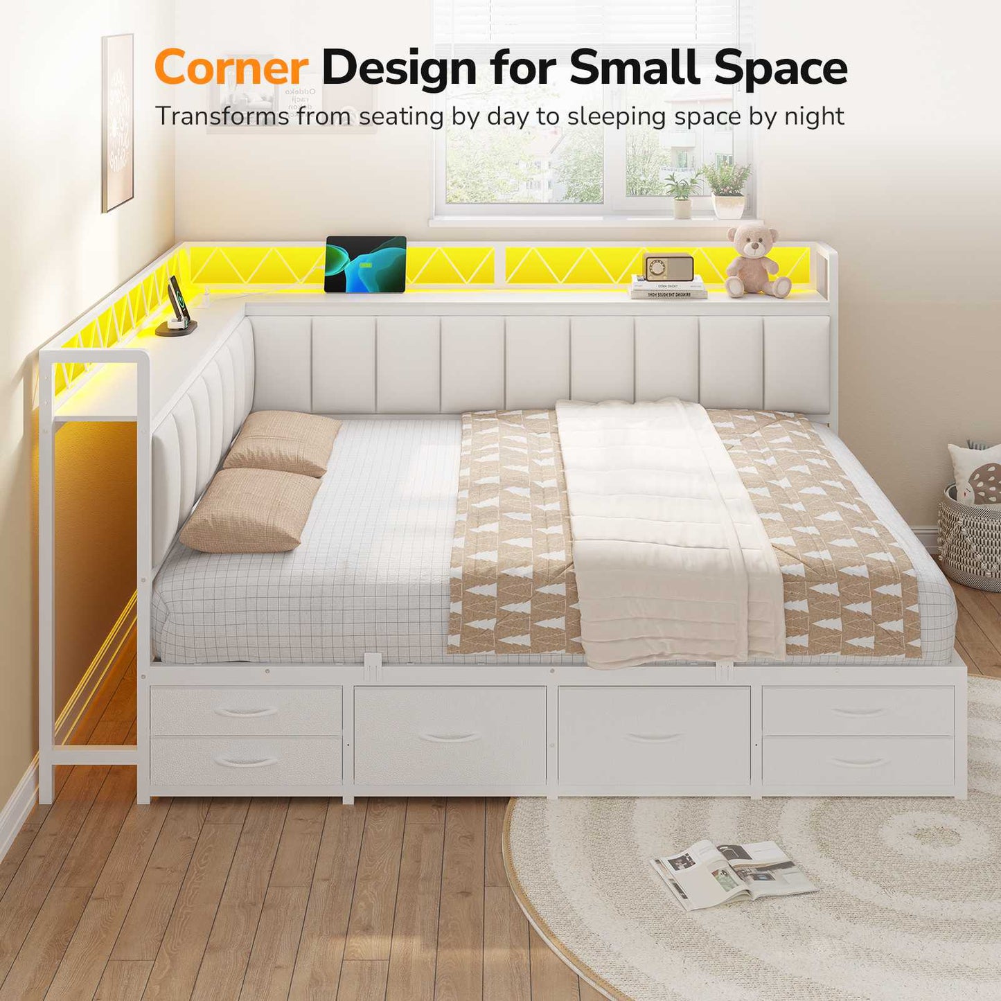DICTAC | Corner Bed Frame with 6 Storage Drawers, Upholstered Guardrail, Charging Station, Storage Shelves & LED Lights, Modern Platform Daybed for Kids, Teens & Adults, White