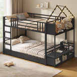 DICTAC |  Twin Over Twin Bunk Bed with 4 Storage Drawers, Bookshelf, Reading Nook & LED Lights