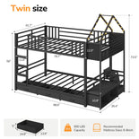 DICTAC |  Twin Over Twin Bunk Bed with 4 Storage Drawers, Bookshelf, Reading Nook & LED Lights