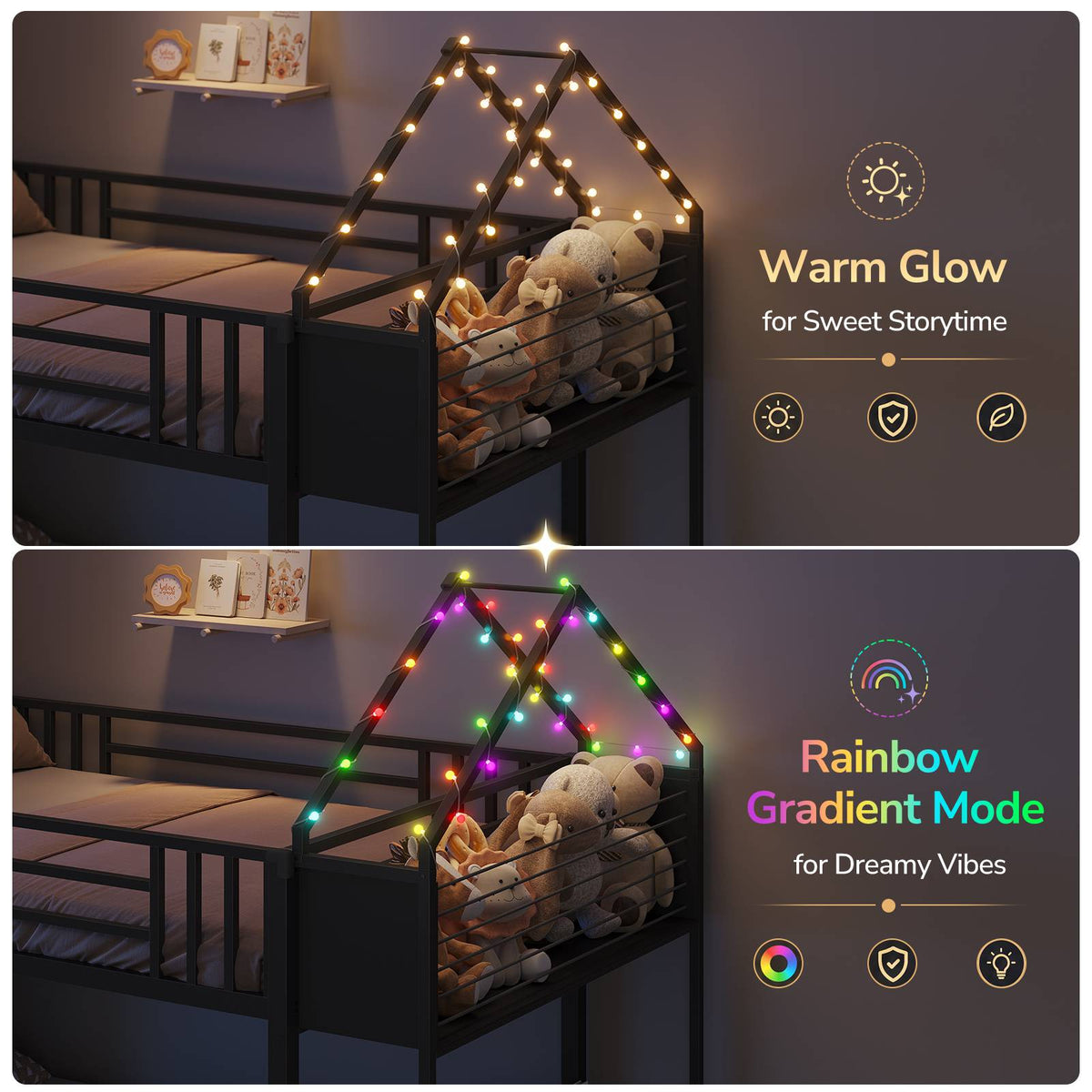 DICTAC |  Twin Over Twin Bunk Bed with 4 Storage Drawers, Bookshelf, Reading Nook & LED Lights