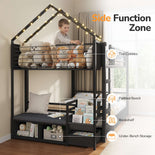 DICTAC |  Twin Over Twin Bunk Bed with 4 Storage Drawers, Bookshelf, Reading Nook & LED Lights