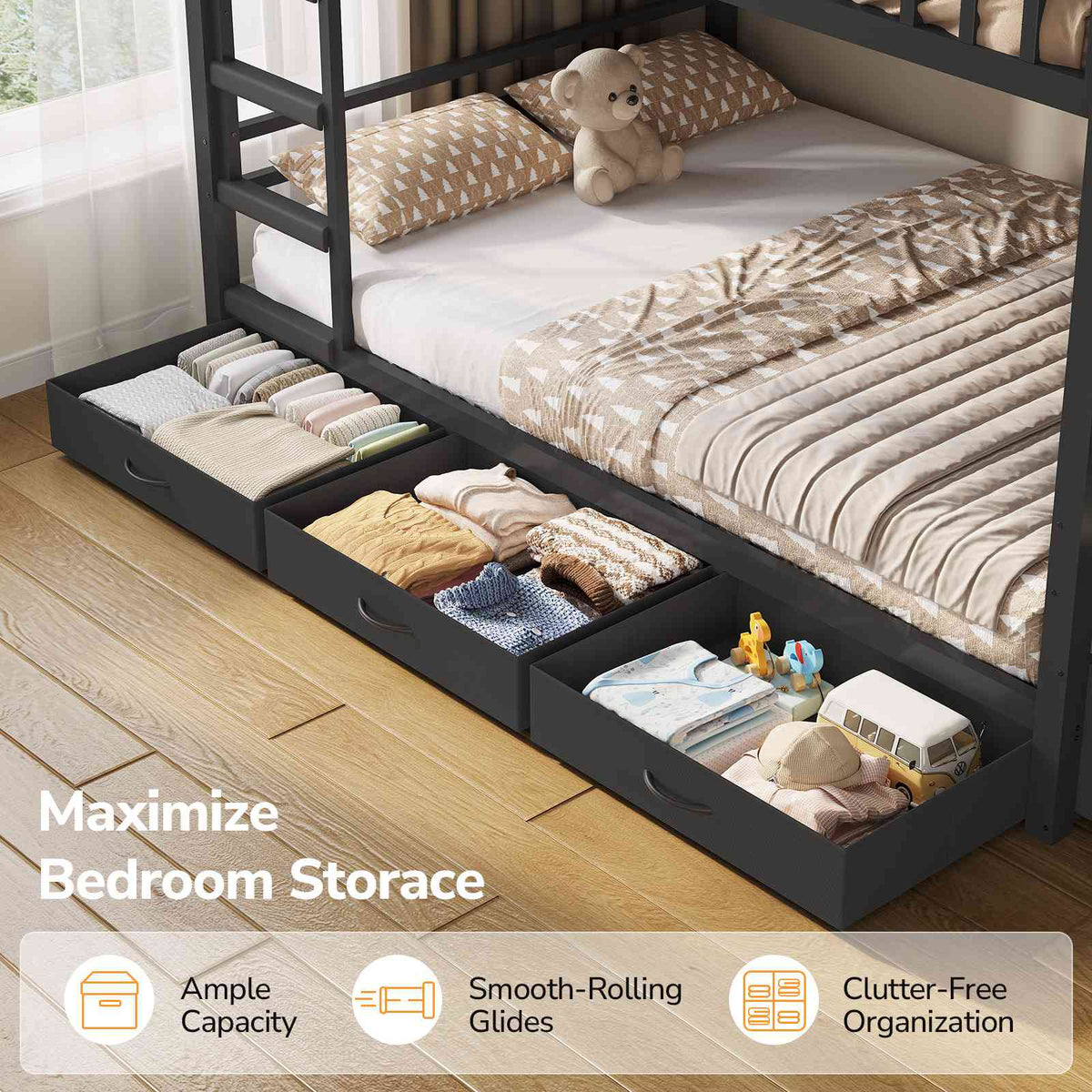 DICTAC |  Twin Over Twin Bunk Bed with 4 Storage Drawers, Bookshelf, Reading Nook & LED Lights
