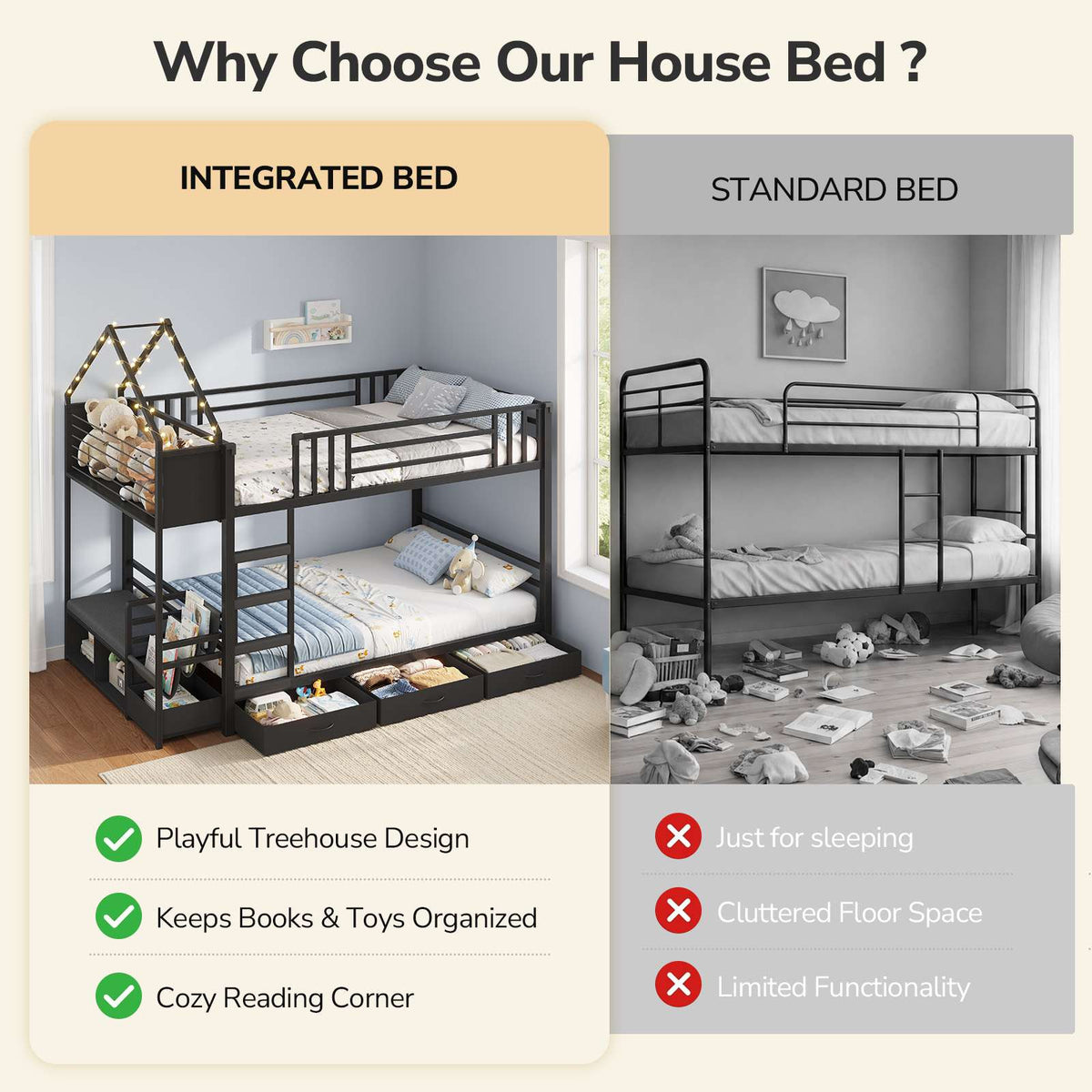 DICTAC |  Twin Over Twin Bunk Bed with 4 Storage Drawers, Bookshelf, Reading Nook & LED Lights
