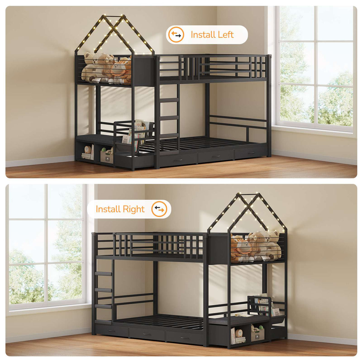 DICTAC |  Twin Over Twin Bunk Bed with 4 Storage Drawers, Bookshelf, Reading Nook & LED Lights