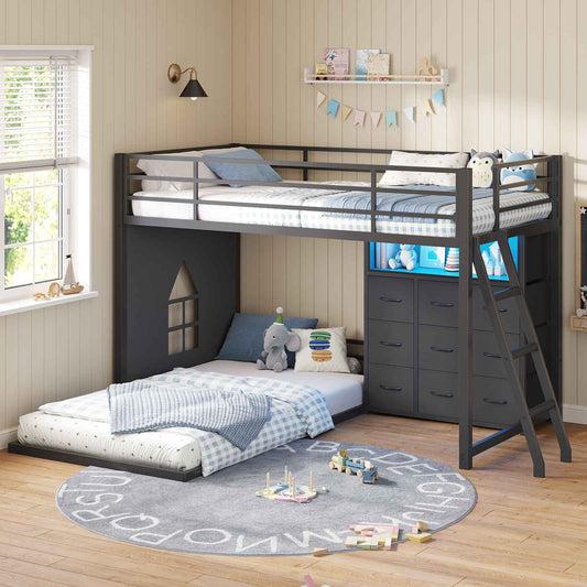 DICTAC | Low L-Shaped Bunk Bed with 9 Storage Drawers, Stairs & RGB LED Lights - Black