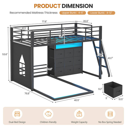 DICTAC | Low L-Shaped Bunk Bed with 9 Storage Drawers, Stairs & RGB LED Lights - Black
