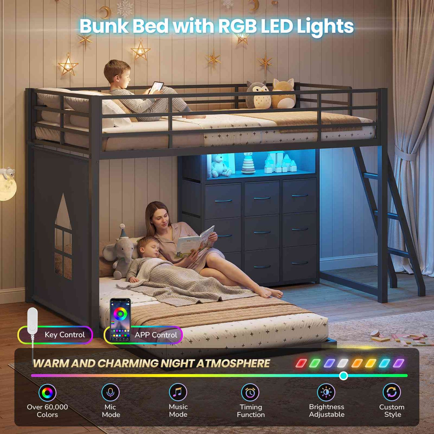 DICTAC | Low Profile L-Shaped Bunk Bed with 9 Storage Drawers, Open Shelf, RGB LED Lights, Stairs & Safety Guardrail, Black