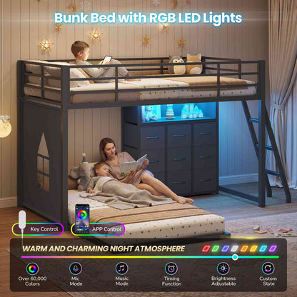 DICTAC | Low Profile L-Shaped Bunk Bed with 9 Storage Drawers, Open Shelf, RGB LED Lights, Stairs & Safety Guardrail, Black