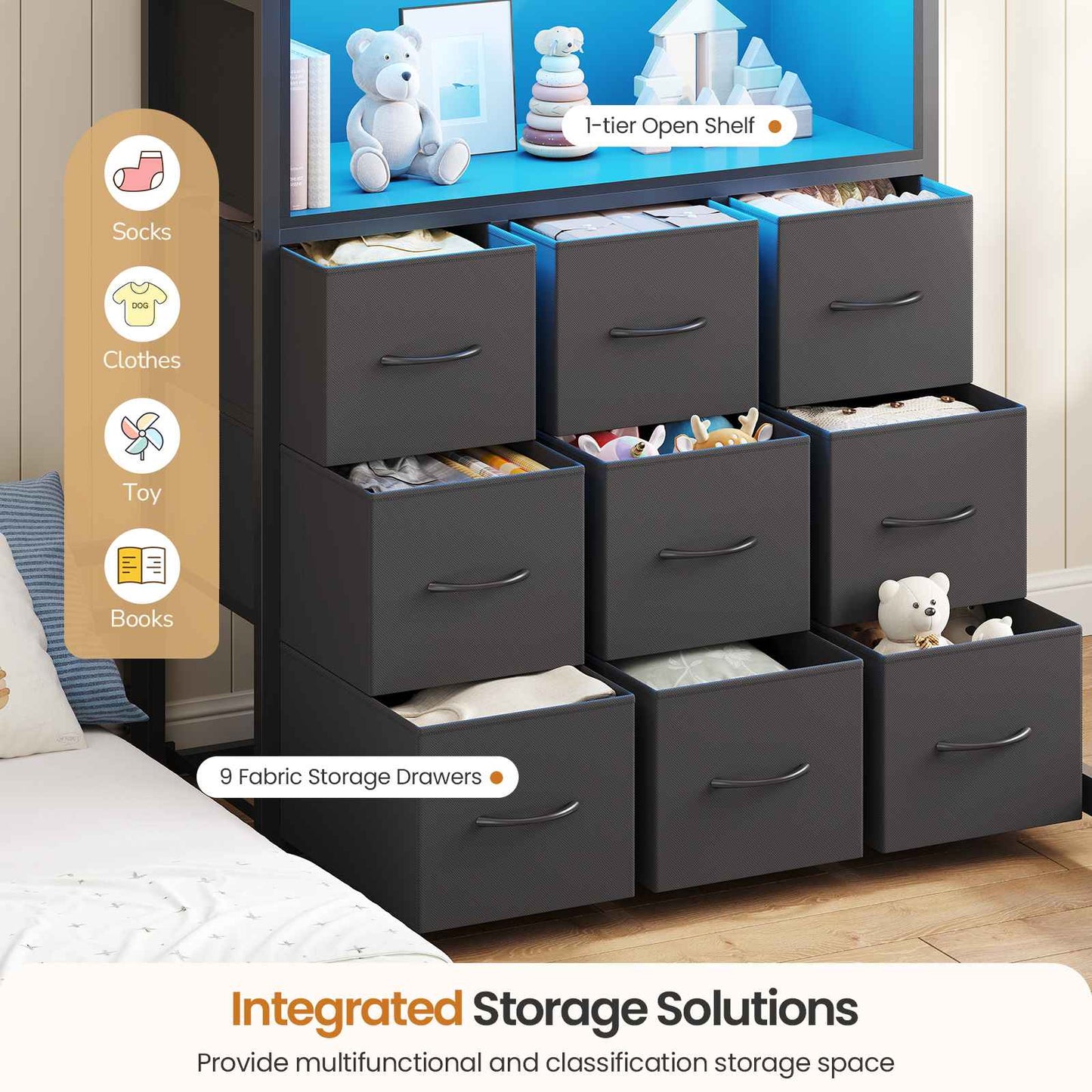 DICTAC | Low Profile L-Shaped Bunk Bed with 9 Storage Drawers, Open Shelf, RGB LED Lights, Stairs & Safety Guardrail, Black