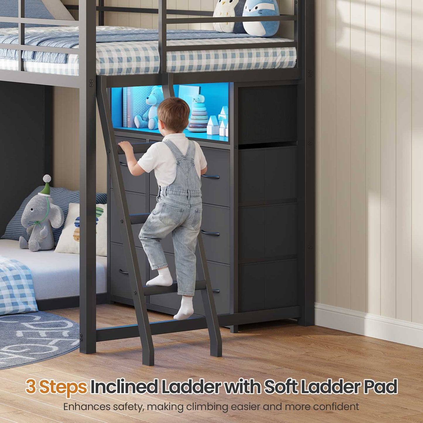 DICTAC | Low Profile L-Shaped Bunk Bed with 9 Storage Drawers, Open Shelf, RGB LED Lights, Stairs & Safety Guardrail, Black