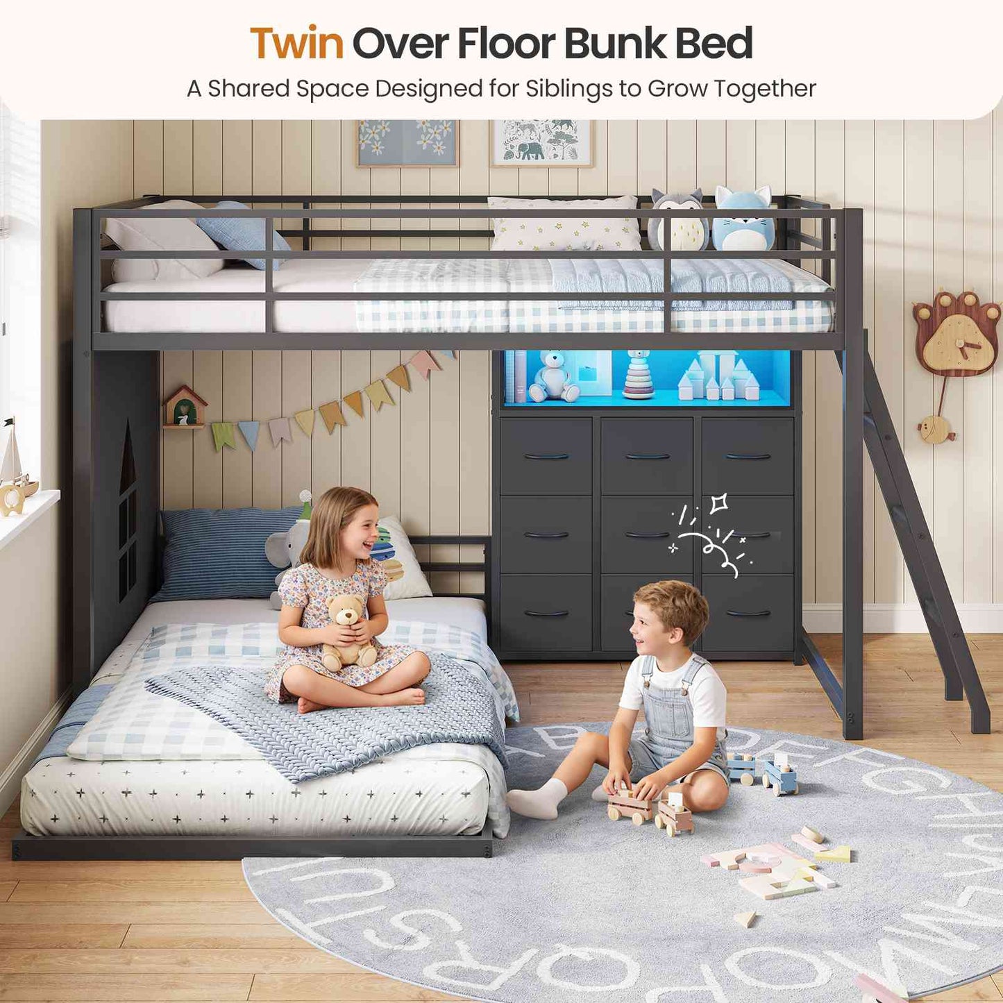 DICTAC | Low Profile L-Shaped Bunk Bed with 9 Storage Drawers, Open Shelf, RGB LED Lights, Stairs & Safety Guardrail, Black