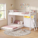 DICTAC | Low L-Shaped Bunk Bed with 9 Storage Drawers, Stairs & RGB LED Lights - White