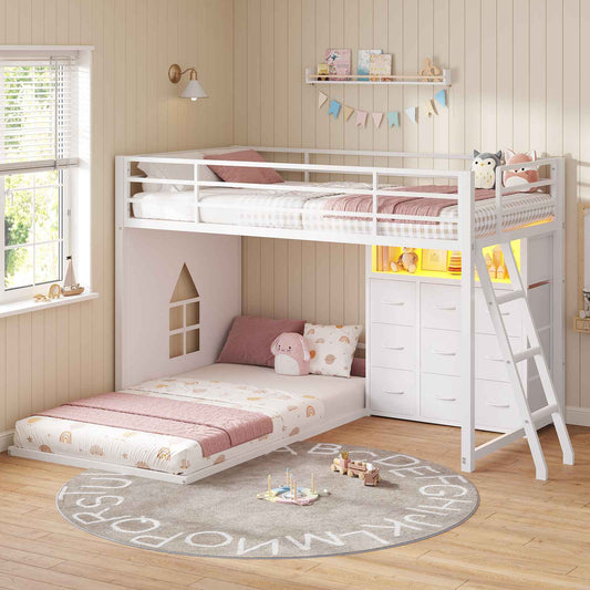 DICTAC | Low L-Shaped Bunk Bed with 9 Storage Drawers, Stairs & RGB LED Lights - White