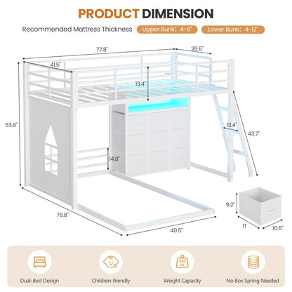 DICTAC | Low Profile L-Shaped Bunk Bed with 9 Storage Drawers, Open Shelf, RGB LED Lights, Stairs & Safety Guardrail, White