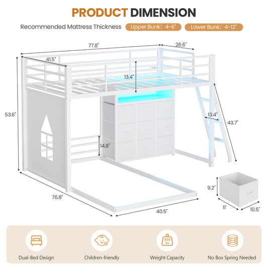 DICTAC | Low L-Shaped Bunk Bed with 9 Storage Drawers, Stairs & RGB LED Lights - White