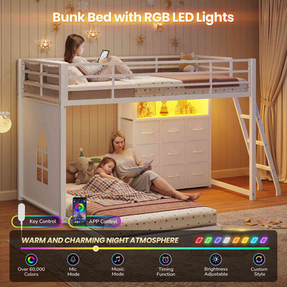 DICTAC | Low Profile L-Shaped Bunk Bed with 9 Storage Drawers, Open Shelf, RGB LED Lights, Stairs & Safety Guardrail, White