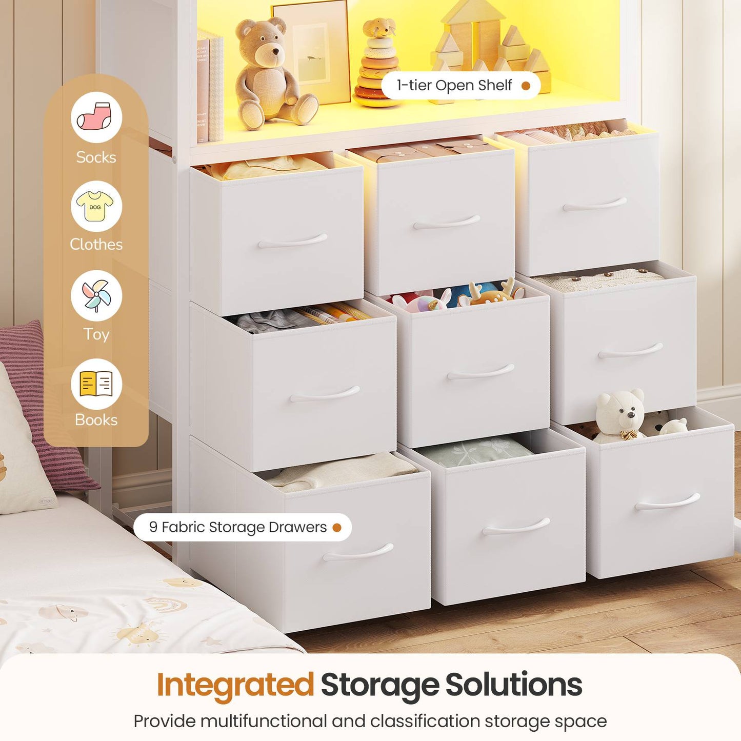 DICTAC | Low Profile L-Shaped Bunk Bed with 9 Storage Drawers, Open Shelf, RGB LED Lights, Stairs & Safety Guardrail, White