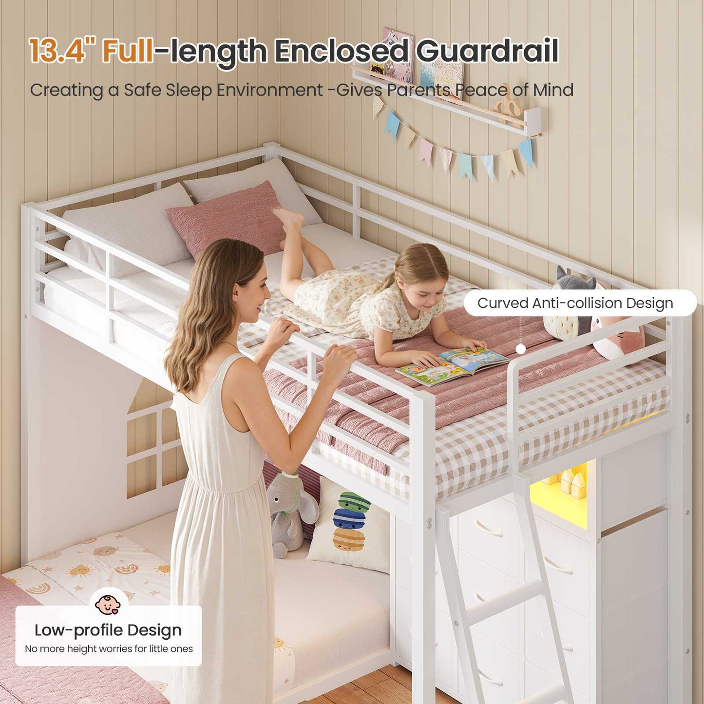 DICTAC | Low Profile L-Shaped Bunk Bed with 9 Storage Drawers, Open Shelf, RGB LED Lights, Stairs & Safety Guardrail, White