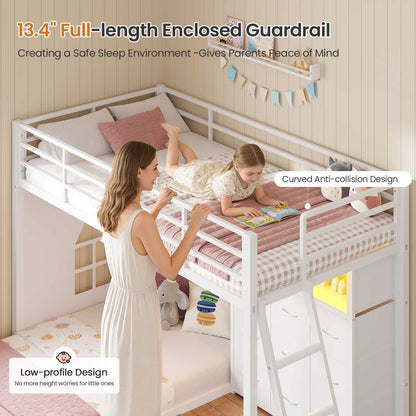 DICTAC | Low Profile L-Shaped Bunk Bed with 9 Storage Drawers, Open Shelf, RGB LED Lights, Stairs & Safety Guardrail, White