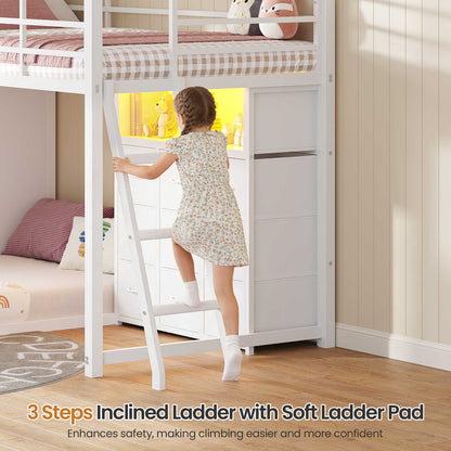 DICTAC | Low Profile L-Shaped Bunk Bed with 9 Storage Drawers, Open Shelf, RGB LED Lights, Stairs & Safety Guardrail, White