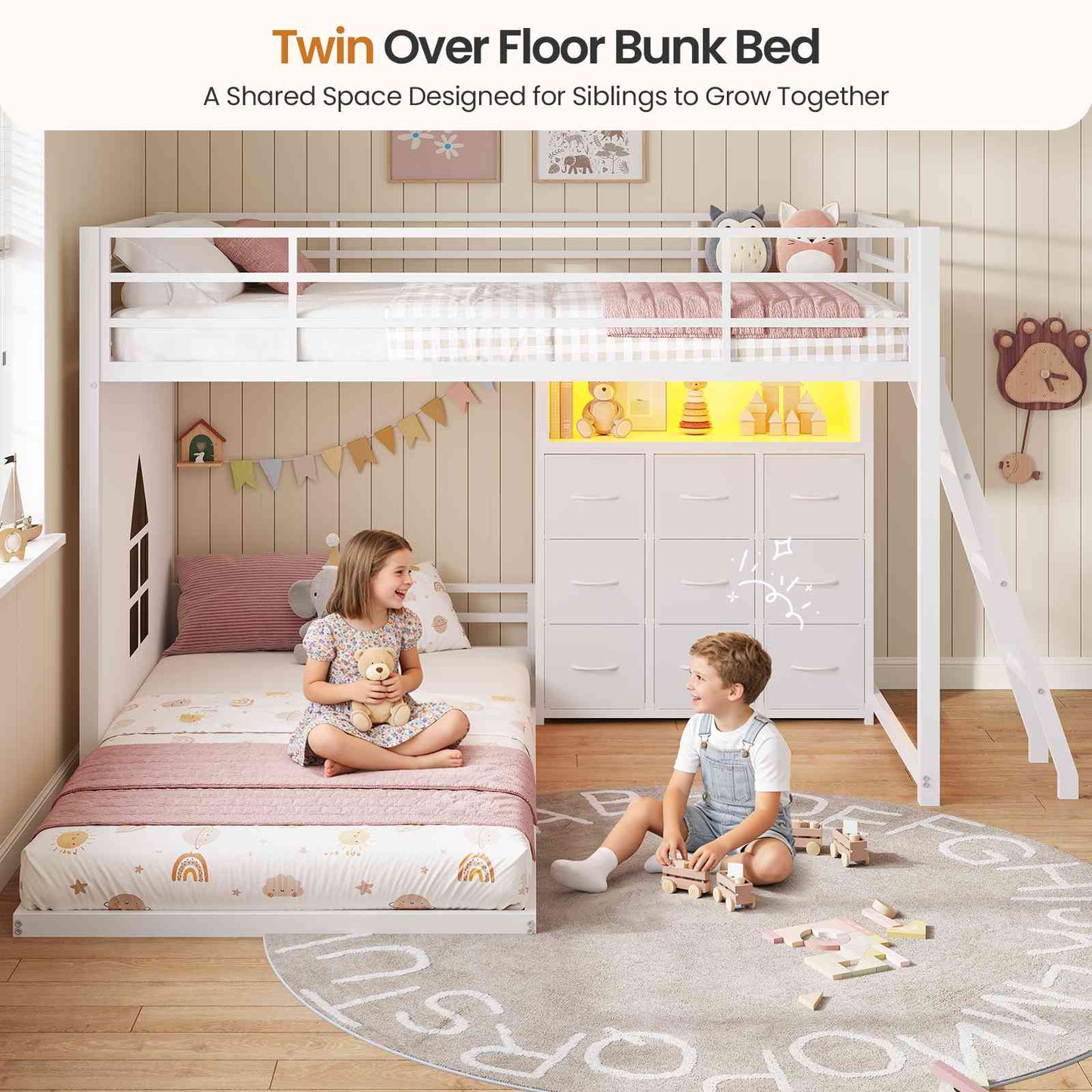 DICTAC | Low Profile L-Shaped Bunk Bed with 9 Storage Drawers, Open Shelf, RGB LED Lights, Stairs & Safety Guardrail, White