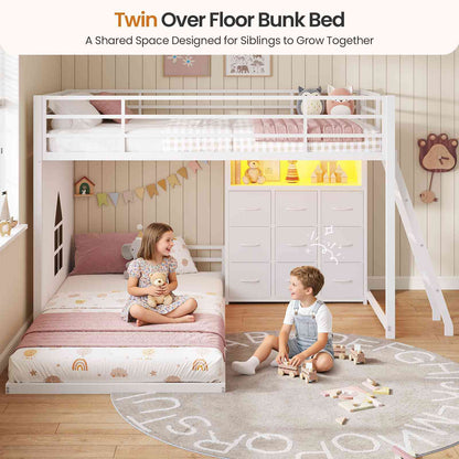 DICTAC | Low Profile L-Shaped Bunk Bed with 9 Storage Drawers, Open Shelf, RGB LED Lights, Stairs & Safety Guardrail, White