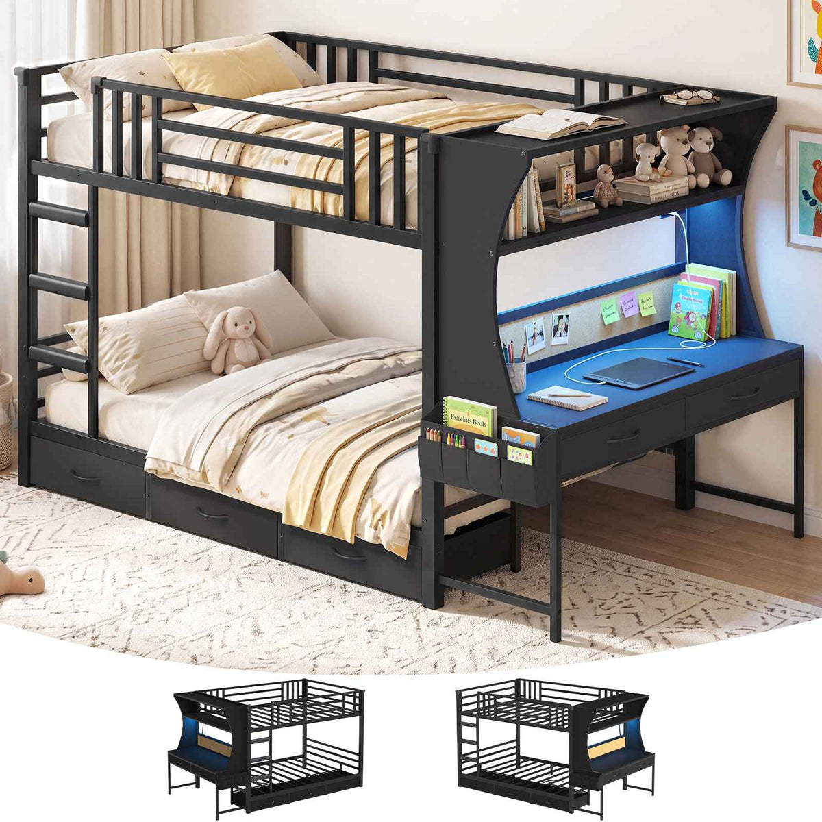 DICTAC | Bunk Bed with Desk, 5 Storage Drawers, Shelves, LED Lights & Charging Station