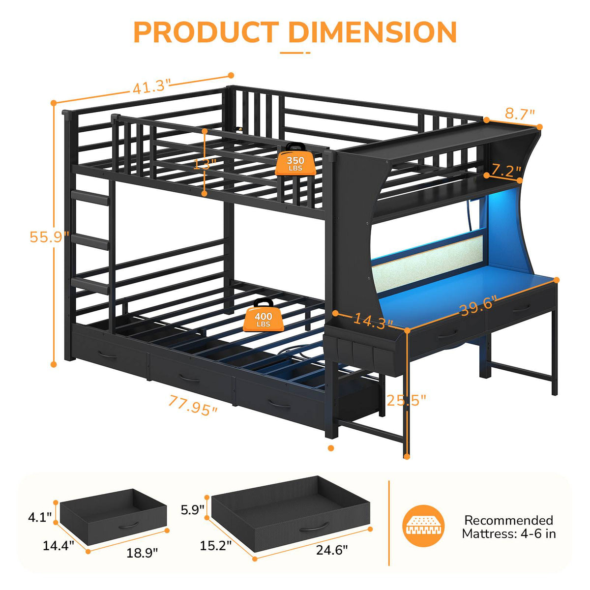 DICTAC | Bunk Bed with Desk, 5 Storage Drawers, Shelves, LED Lights & Charging Station