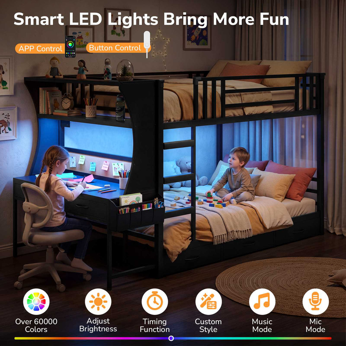 DICTAC | Bunk Bed with Desk, 5 Storage Drawers, Shelves, LED Lights & Charging Station