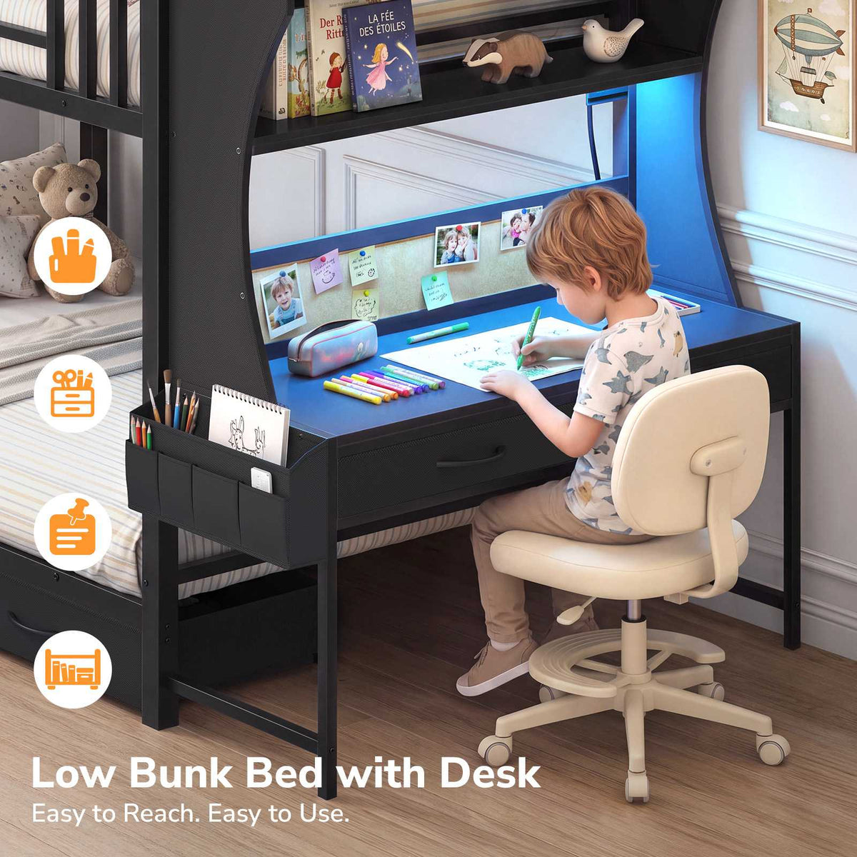 DICTAC | Bunk Bed with Desk, 5 Storage Drawers, Shelves, LED Lights & Charging Station