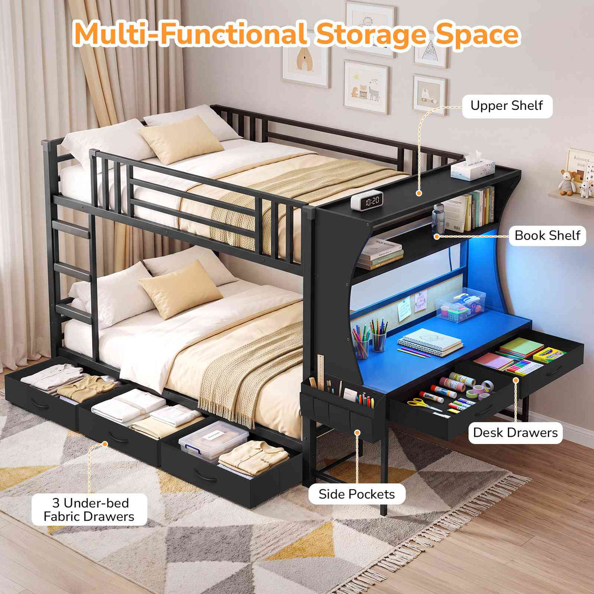 DICTAC | Bunk Bed with Desk, 5 Storage Drawers, Shelves, LED Lights & Charging Station