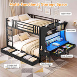 DICTAC | Bunk Bed with Desk, 5 Storage Drawers, Shelves, LED Lights & Charging Station
