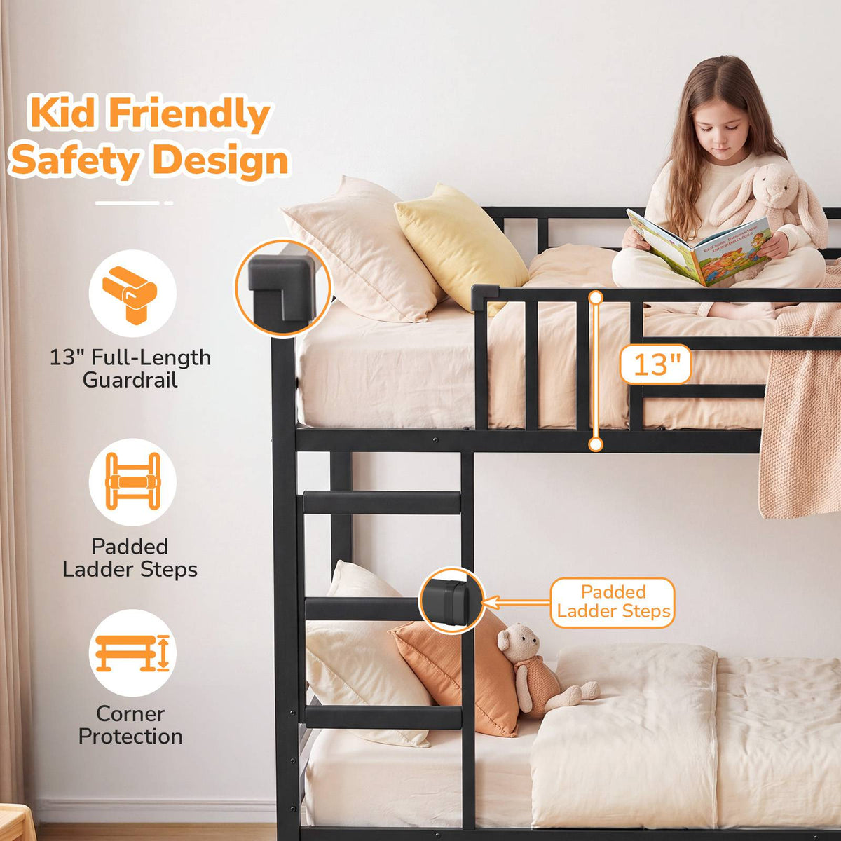 DICTAC | Bunk Bed with Desk, 5 Storage Drawers, Shelves, LED Lights & Charging Station