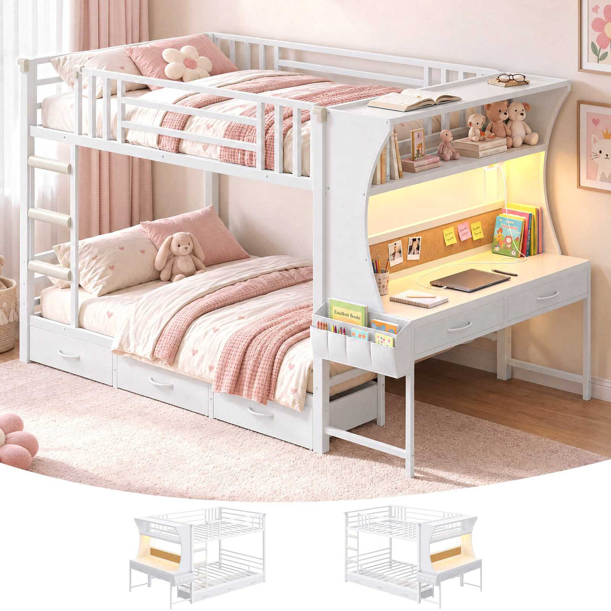 DICTAC | Bunk Bed with Desk, 5 Storage Drawers, Shelves, LED Lights & Charging Station