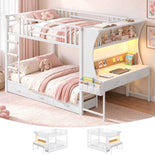 DICTAC | Bunk Bed with Desk, 5 Storage Drawers, Shelves, LED Lights & Charging Station