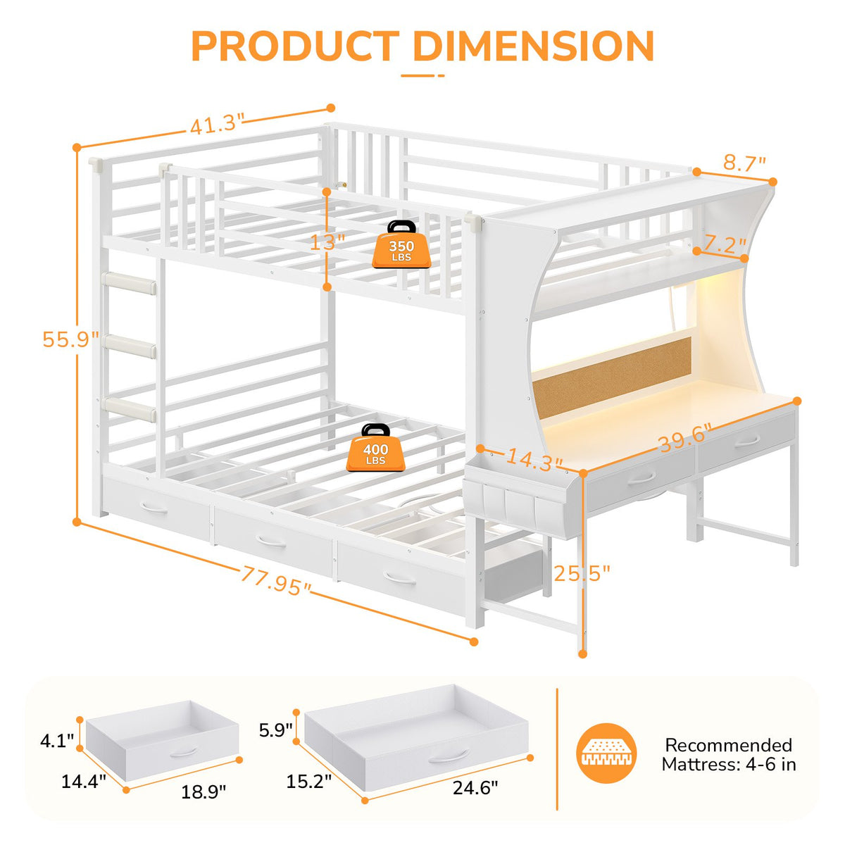 DICTAC | Bunk Bed with Desk, 5 Storage Drawers, Shelves, LED Lights & Charging Station