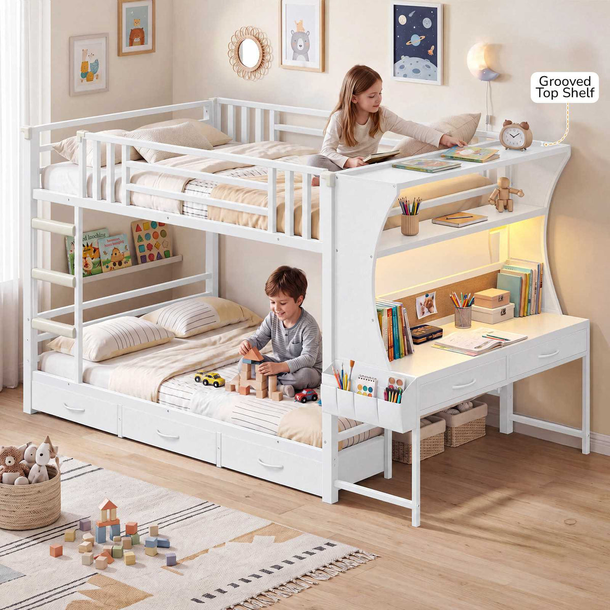 DICTAC | Bunk Bed with Desk, 5 Storage Drawers, Shelves, LED Lights & Charging Station