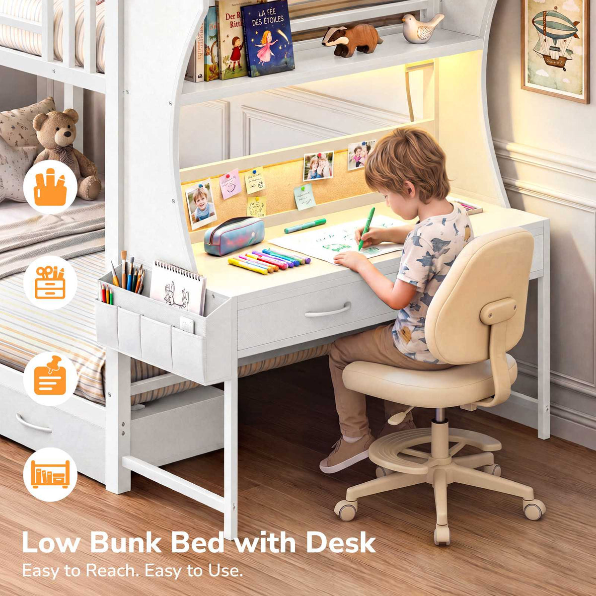 DICTAC | Bunk Bed with Desk, 5 Storage Drawers, Shelves, LED Lights & Charging Station