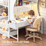 DICTAC | Bunk Bed with Desk, 5 Storage Drawers, Shelves, LED Lights & Charging Station
