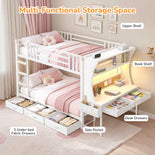DICTAC | Bunk Bed with Desk, 5 Storage Drawers, Shelves, LED Lights & Charging Station