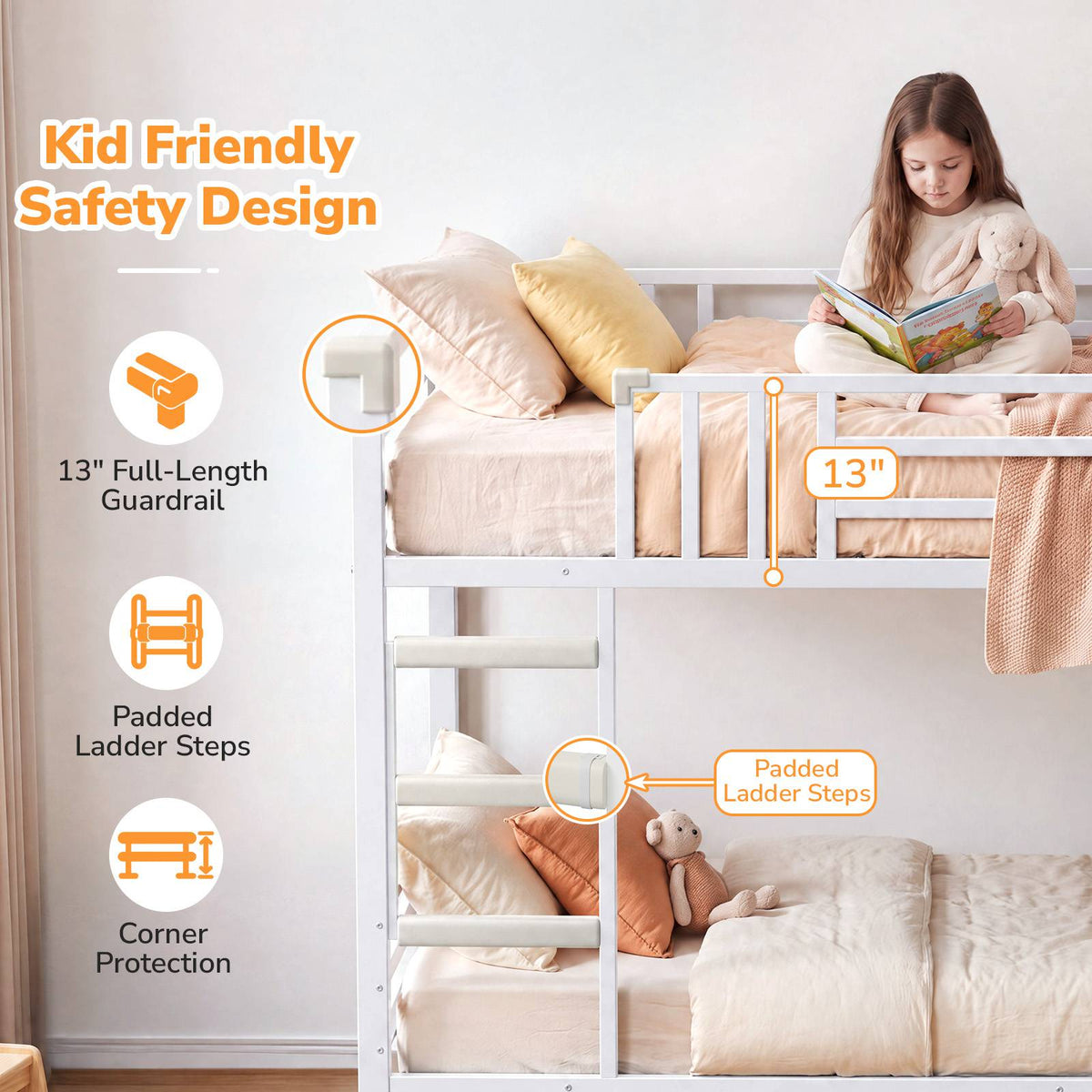 DICTAC | Bunk Bed with Desk, 5 Storage Drawers, Shelves, LED Lights & Charging Station