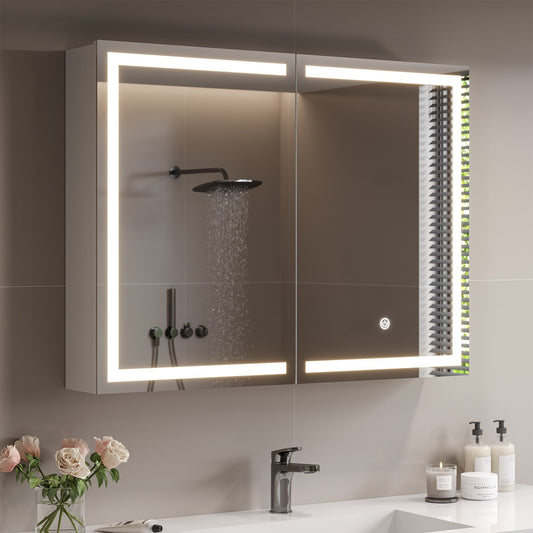 DICTAC | LED Bathroom Medicine Cabinet with Mirror, Wall Mounted Storage Cabinet with Adjustable Shelves & AC Outlets, 2 Door Dimmable Bathroom Mirror Cabinet, 31.5'' x 23.6''