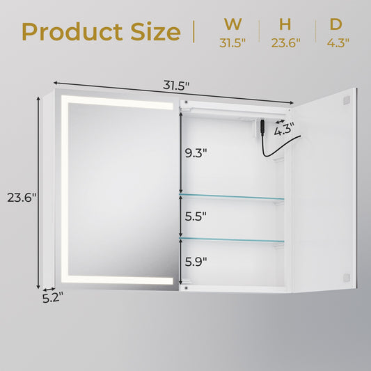 DICTAC | LED Bathroom Medicine Cabinet with Mirror, Wall Mounted Storage Cabinet with Adjustable Shelves & AC Outlets, 2 Door Dimmable Bathroom Mirror Cabinet, 31.5'' x 23.6''