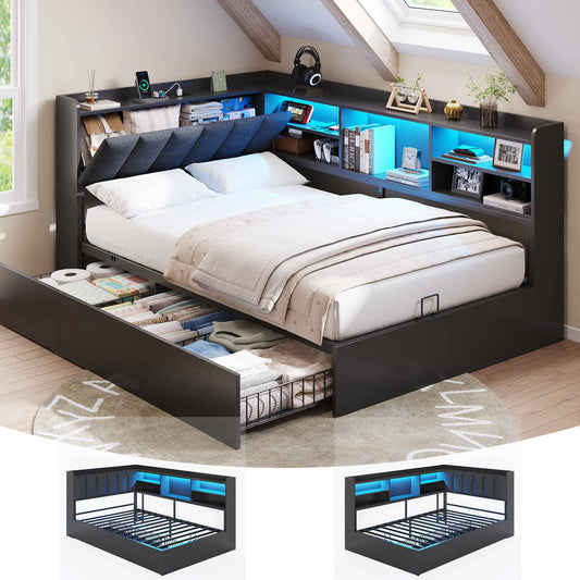 DICTAC | Corner Bed with 3 Drawers, Bookcase, LED Lights & Charging Station, Hidden Headboard Storage, Black