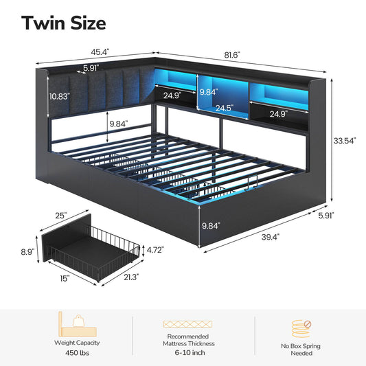 DICTAC | Corner Bed with 3 Drawers, Bookcase, LED Lights & Charging Station, Hidden Headboard Storage, Black